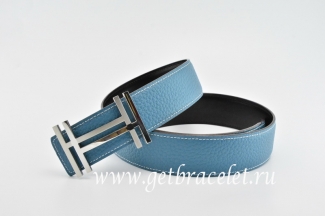 Hermes Reversible Belt Blue/Black H au Carre Togo Calfskin With 18k Silver Buckle