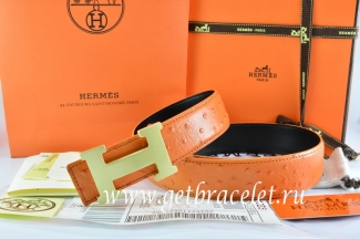 Hermes Reversible Belt Orange/Black Ostrich Stripe Leather With 18K Gold H Buckle