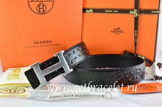 Hermes Reversible Belt Black/Black Ostrich Stripe Leather With 18K Drawbench Silver H Buckle