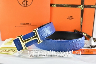 Hermes Reversible Belt Blue/Black Ostrich Stripe Leather With 18K Gold Idem With Logo Buckle