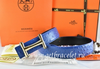 Hermes Reversible Belt Blue/Black Ostrich Stripe Leather With 18K Gold Idem Buckle