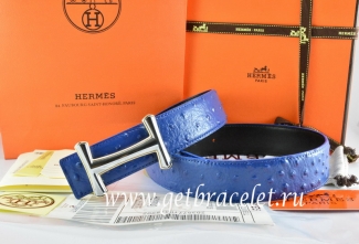 Hermes Reversible Belt Blue/Black Ostrich Stripe Leather With 18K Silver Idem Buckle