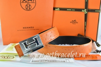 Hermes Reversible Belt Orange/Black Ostrich Stripe Leather With 18K Silver Big H Buckle