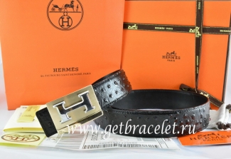 Hermes Reversible Belt Black/Black Ostrich Stripe Leather With 18K Gold Big H Buckle