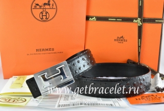 Hermes Reversible Belt Black/Black Ostrich Stripe Leather With 18K Silver Big H Buckle