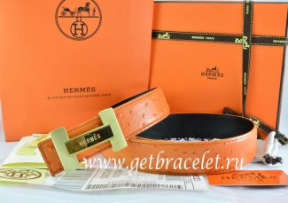 Hermes Reversible Belt Orange/Black Ostrich Stripe Leather With 18K Gold H Logo Buckle