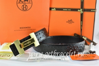 Hermes Reversible Belt Black/Black Ostrich Stripe Leather With 18K Gold H Logo Buckle