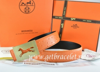 Hermes Reversible Belt Orange/Black Ostrich Stripe Leather With 18K Gold Hollow Horse Buckle