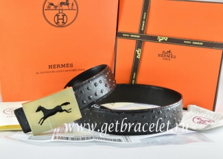 Hermes Reversible Belt Black/Black Ostrich Stripe Leather With 18K Gold Hollow Horse Buckle