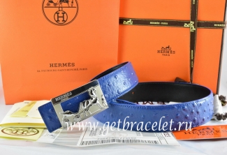 Hermes Reversible Belt Blue/Black Ostrich Stripe Leather With 18K Silver Coach Buckle