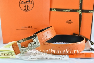 Hermes Reversible Belt Orange/Black Ostrich Stripe Leather With 18K Gold Coach Buckle