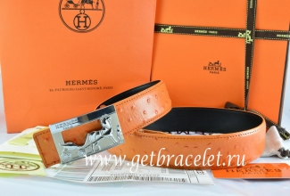 Hermes Reversible Belt Orange/Black Ostrich Stripe Leather With 18K Silver Coach Buckle