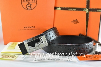 Hermes Reversible Belt Black/Black Ostrich Stripe Leather With 18K Silver Coach Buckle
