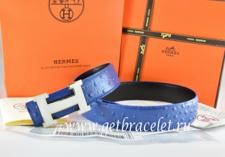 Hermes Reversible Belt Blue/Black Ostrich Stripe Leather With 18K White Silver H Buckle