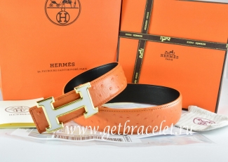 Hermes Reversible Belt Orange/Black Ostrich Stripe Leather With 18K White Gold H Buckle