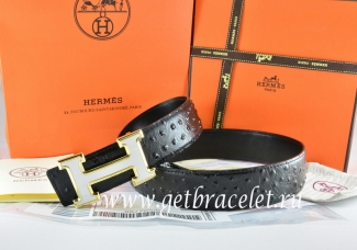 Hermes Reversible Belt Black/Black Ostrich Stripe Leather With 18K White Gold H Buckle