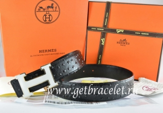 Hermes Reversible Belt Black/Black Ostrich Stripe Leather With 18K White Silver h Buckle