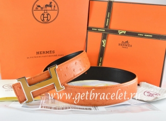 Hermes Reversible Belt Orange/Black Ostrich Stripe Leather With 18K Orange Silver Narrow H Buckle