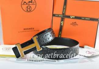 Hermes Reversible Belt Black/Black Ostrich Stripe Leather With 18K Orange Silver Narrow H Buckle
