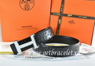 Hermes Reversible Belt Black/Black Ostrich Stripe Leather With 18K White Silver Narrow H Buckle