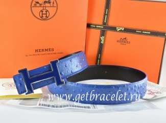 Hermes Reversible Belt Blue/Black Ostrich Stripe Leather With 18K Blue Silver Narrow H Buckle