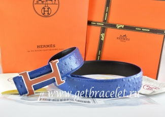Hermes Reversible Belt Blue/Black Ostrich Stripe Leather With 18K Brown Silver Narrow H Buckle