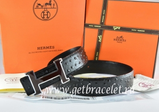 Hermes Reversible Belt Black/Black Ostrich Stripe Leather With 18K Black Silver Narrow H Buckle