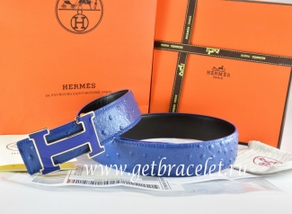 Hermes Reversible Belt Blue/Black Ostrich Stripe Leather With 18K Blue Gold Width H Buckle