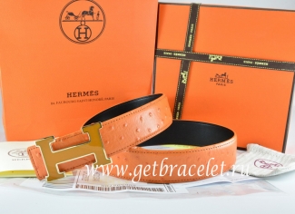 Hermes Reversible Belt Orange/Black Ostrich Stripe Leather With 18K Orange Gold Width H Buckle