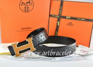 Hermes Reversible Belt Black/Black Ostrich Stripe Leather With 18K Orange Gold Width H Buckle
