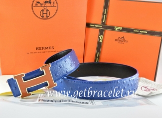 Hermes Reversible Belt Blue/Black Ostrich Stripe Leather With 18K Brown Gold Width H Buckle