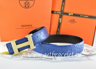 Hermes Reversible Belt Blue/Black Ostrich Stripe Leather With 18K Gold Wave Stripe H Buckle