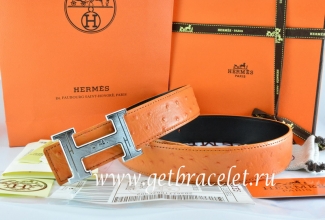 Hermes Reversible Belt Orange/Black Ostrich Stripe Leather With 18K Silver Geometric Stripe H Buckle