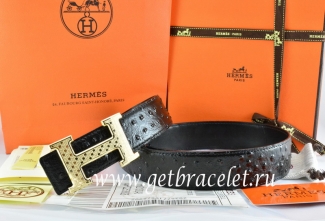 Hermes Reversible Belt Black/Black Ostrich Stripe Leather With 18K Gold Spot Stripe H Buckle