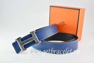 Hermes Reversible Belt Dark Blue/Black Togo Calfskin With 18k Drawbench Silver H Buckle