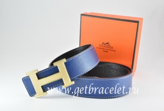 Hermes Reversible Belt Dark Blue/Black Togo Calfskin With 18k Silver Wave Stripe H Buckle