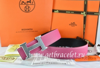 Hermes Reversible Belt Pink/Black Togo Calfskin With 18k Gold Wave Stripe H Buckle