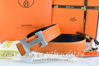 Hermes Reversible Belt Orange/Black Togo Calfskin With 18k Silver H Buckle