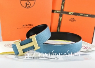 Hermes Reversible Belt Blue/Black Togo Calfskin With 18k Gold Wave Stripe H Buckle