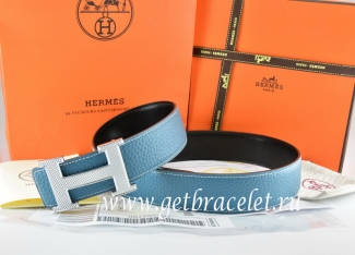 Hermes Reversible Belt Blue/Black Togo Calfskin With 18k Silver Wave Stripe H Buckle