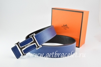 Hermes Reversible Belt Dark Blue/Black Togo Calfskin With 18k Silver Smooth H Buckle