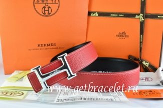 Hermes Reversible Belt Red/Black Togo Calfskin With 18k Silver Smooth H Buckle