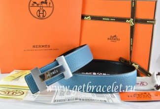 Hermes Reversible Belt Blue/Black Togo Calfskin With 18k Silver Logo H Buckle