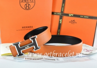 Hermes Reversible Belt Orange/Black Togo Calfskin With 18k Black Silver Logo H Buckle