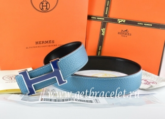 Hermes Reversible Belt Blue/Black Togo Calfskin With 18k Blue Silver H Buckle