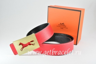 Hermes Reversible Belt Red/Black Togo Calfskin With 18k Hollow Horse Gold Buckle