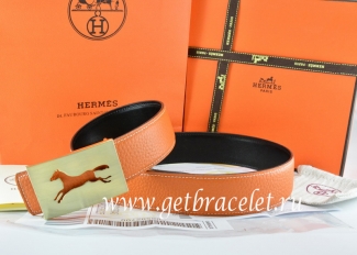 Hermes Reversible Belt Orange/Black Togo Calfskin With 18k Hollow Horse Gold Buckle