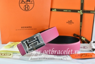Hermes Reversible Belt Pink/Black Togo Calfskin With 18k Silver Big H Buckle
