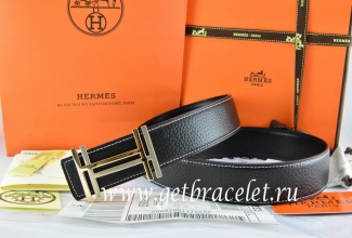 Hermes Reversible Belt Black/Black Togo Calfskin With 18k Orange Gold Double H Buckle