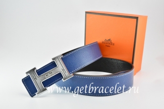 Hermes Reversible Belt Dark Blue/Black Togo Calfskin With 18k Silver Geometric Stripe H Buckle